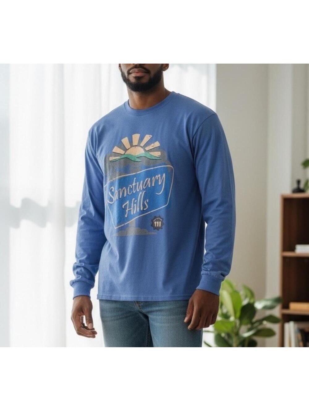 Fallout Sanctuary Hills Long Sleeve Blue T-shirt  Size Large Loot rate Exclusive